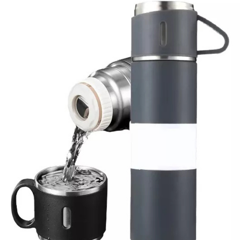 Personalizado - Jogo de Garrafa Térmica 500ML + 3 Xícaras Aço Inoxidável - Cinza