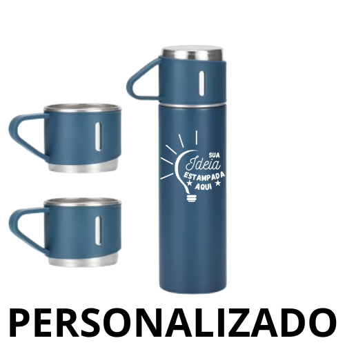Personalizado -  Jogo de Garrafa Térmica 500ML+ 3 Xícaras Aço Inoxidável - Azul Marinho