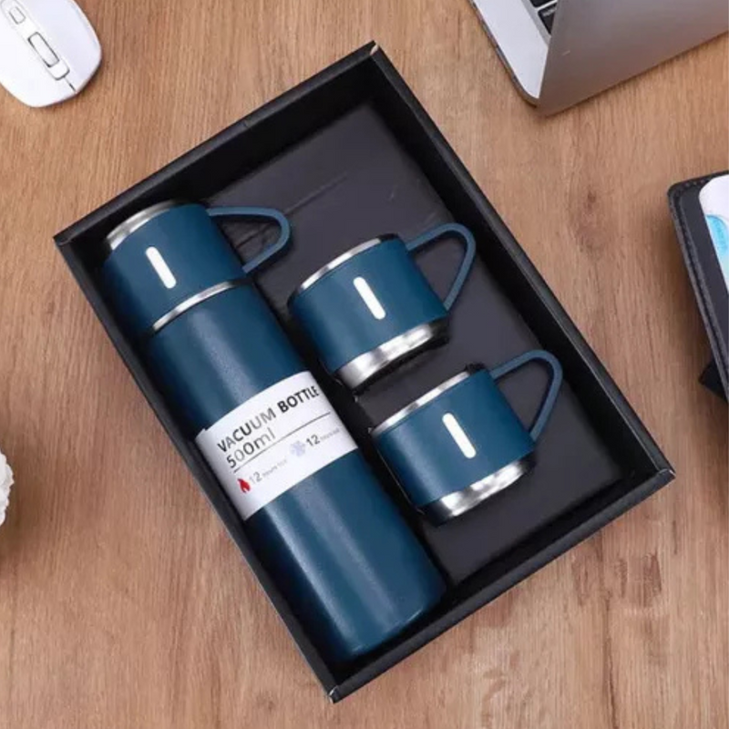 Personalizado -  Jogo de Garrafa Térmica 500ML+ 3 Xícaras Aço Inoxidável - Azul Marinho