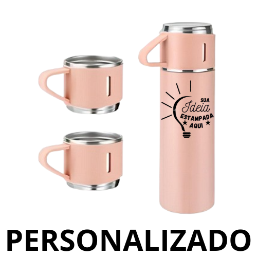 Personalizado - Jogo de Garrafa Térmica 500ML + 3 Xícaras Aço Inoxidável - Rosa