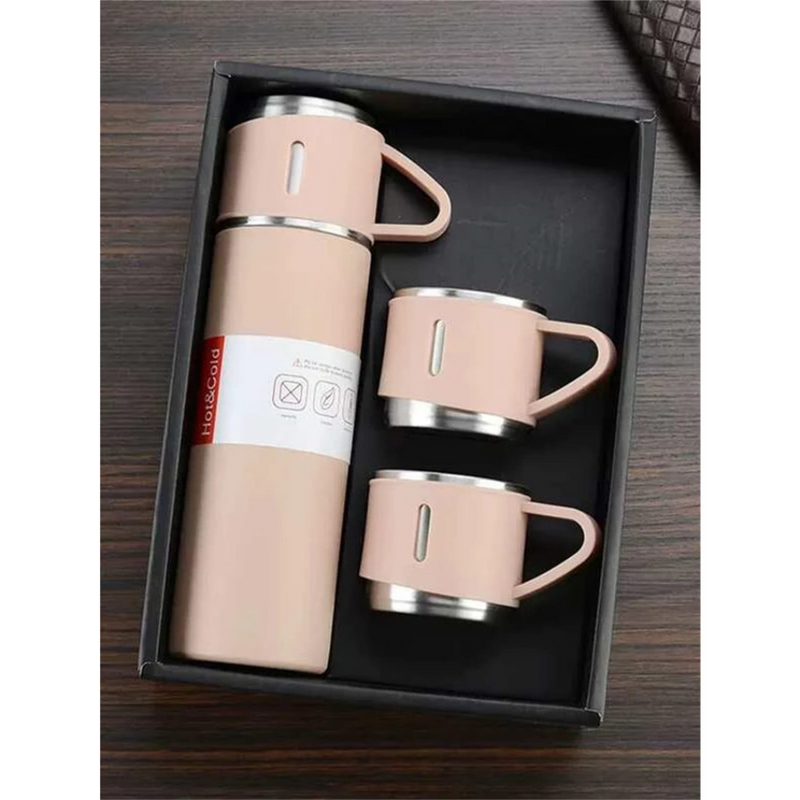 Personalizado - Jogo de Garrafa Térmica 500ML + 3 Xícaras Aço Inoxidável - Rosa