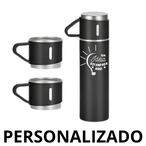 Personalizado - Jogo de Garrafa Térmica 500ML + 3 Xícaras Aço Inoxidável - Cinza