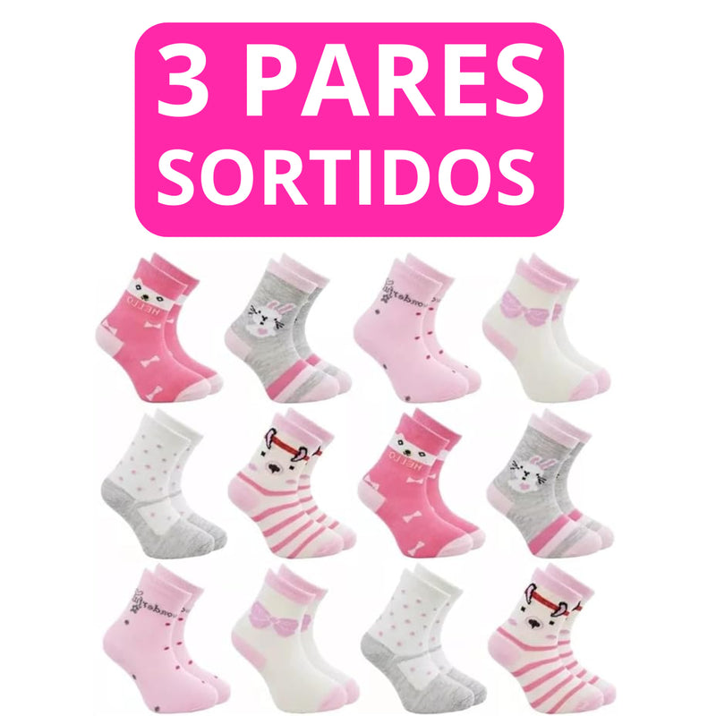 3 PARES DE MEIAS - Conjunto de 6 Meias Femininas para Criança - (Cores Sortidas)