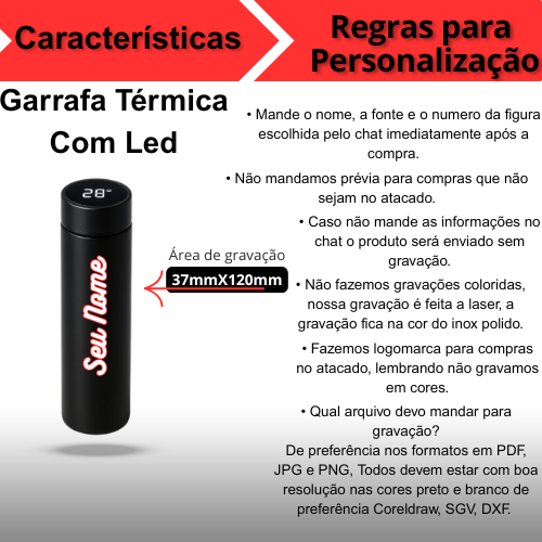 Personalizado - Garrafa Térmica com LED e Termômetro (500ml) - Branco