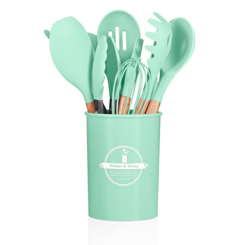 VERDE - Conjunto de Utensílios de Cozinha 12Pçs - Silicone e Cabo de Madeira