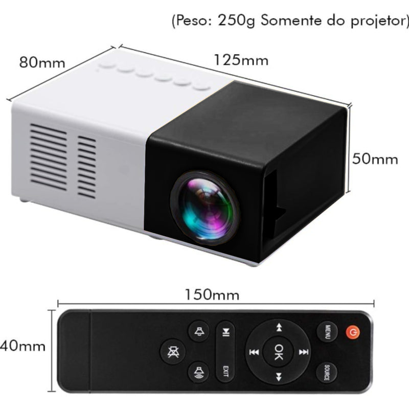 PRETO/BRANCO - Mini Projetor Portátil Led 1080p com saida HDMI - 600 Lumens