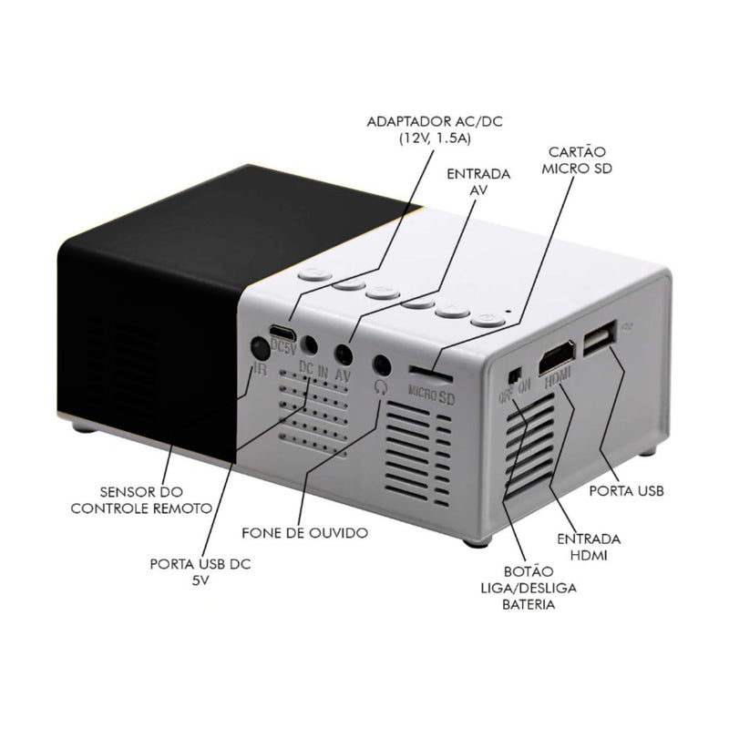 PRETO/BRANCO - Mini Projetor Portátil Led 1080p com saida HDMI - 600 Lumens