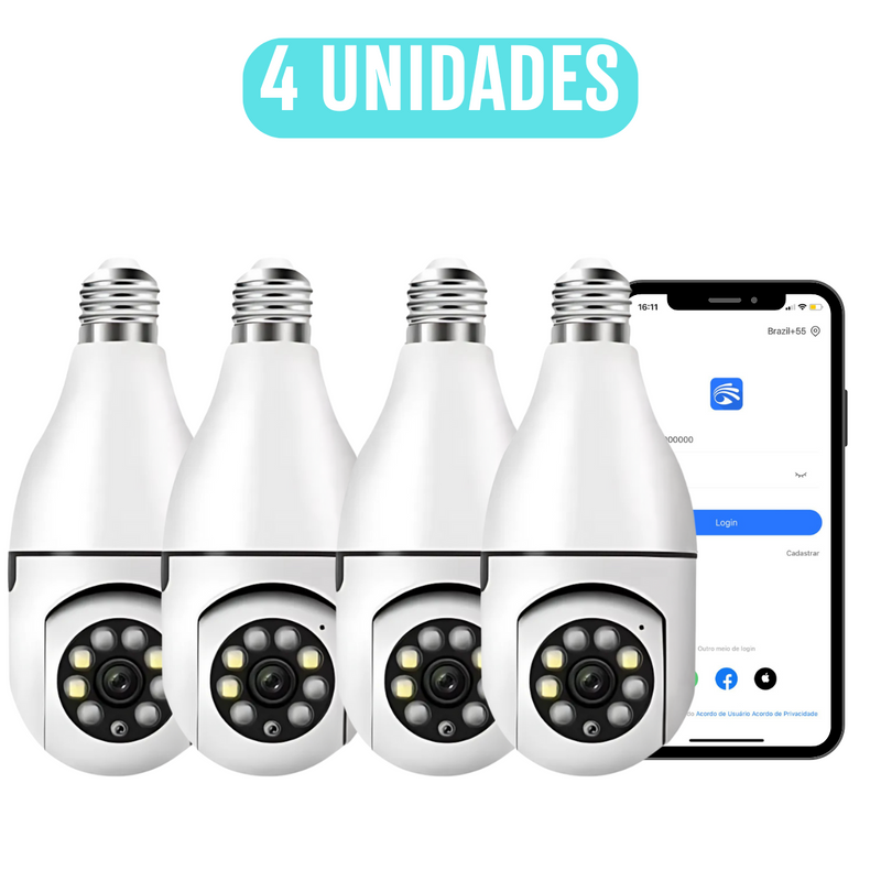 4 UNIDADES - Câmeras Lâmpadas de Segurança Vigilância IP Wi-Fi 360° Visão Noturna FullHD Bivolt