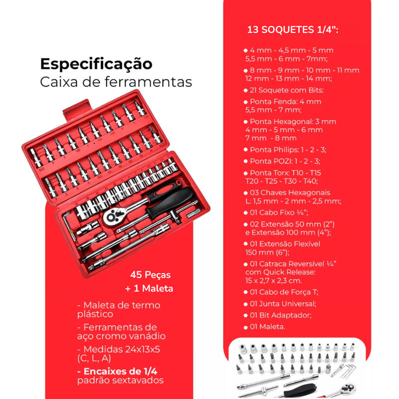 VERMELHA - Jogo de Ferramentas com 46 Peças Soquete Aço c/ Maleta uso Automotível e Doméstico