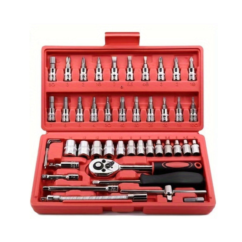VERMELHA - Jogo de Ferramentas com 46 Peças Soquete Aço c/ Maleta uso Automotível e Doméstico