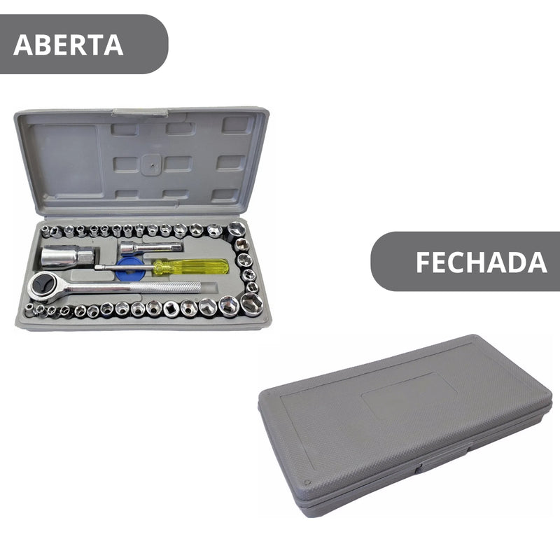 CINZA - Jogo De Ferramentas 40 Peças Soquetes c/ Maleta uso Automotível e Doméstico