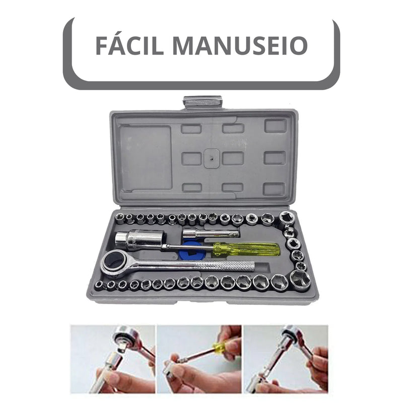 CINZA - Jogo De Ferramentas 40 Peças Soquetes c/ Maleta uso Automotível e Doméstico
