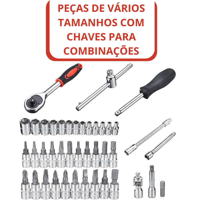 VERMELHA - Jogo de Ferramentas com 46 Peças Soquete Aço c/ Maleta uso Automotível e Doméstico