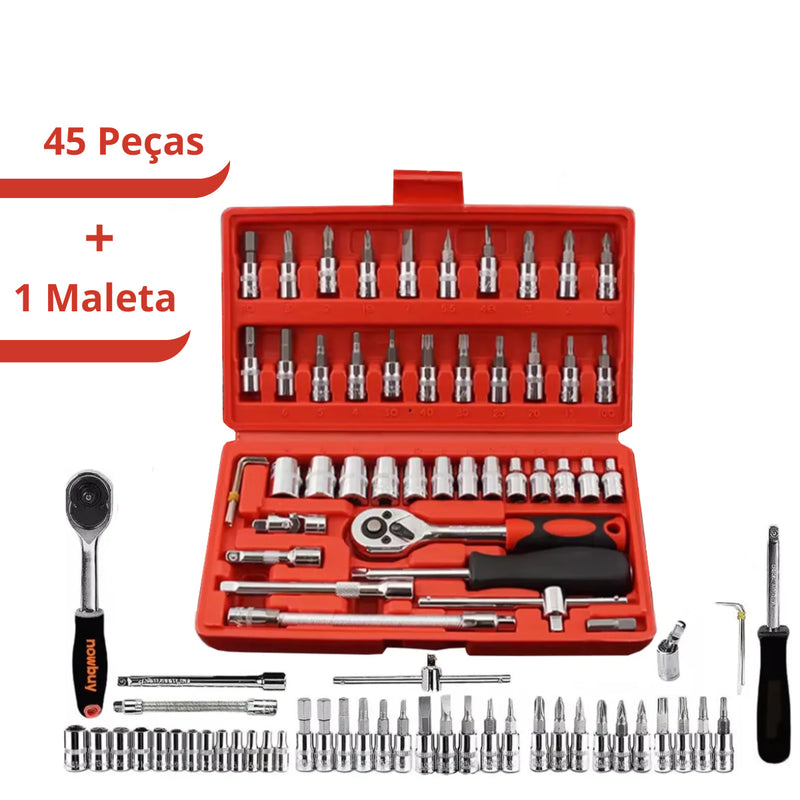 VERMELHA - Jogo de Ferramentas com 46 Peças Soquete Aço c/ Maleta uso Automotível e Doméstico