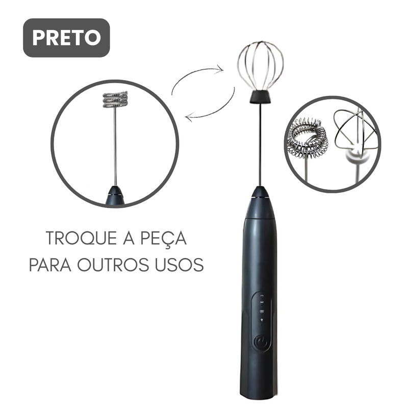 PRETA - (Premium) Mini Batedor Mixer Elétrico Portátil Bivolt