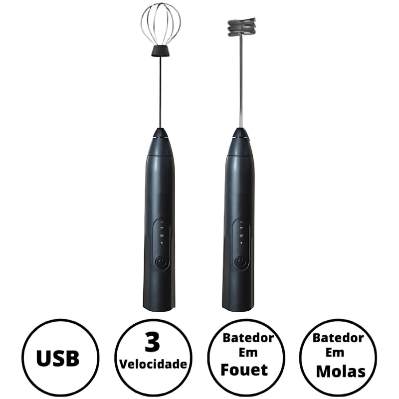PRETA - (Premium) Mini Batedor Mixer Elétrico Portátil Bivolt
