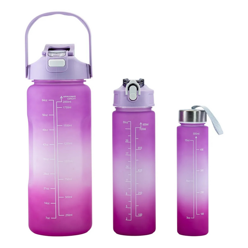Conjunto de 3 Garrafas Squeeze de Água Frases Motivacionais - Galão 2000ml, 900ml e 300ml - (Cores Sortidas)