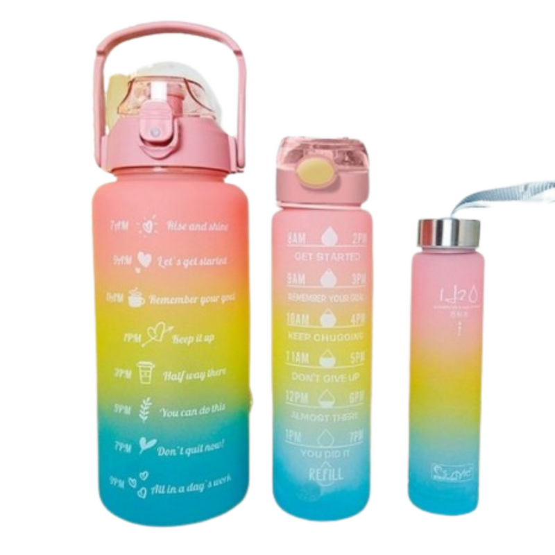 Conjunto de 3 Garrafas Squeeze de Água Frases Motivacionais - Galão 2000ml, 900ml e 300ml - (Cores Sortidas)