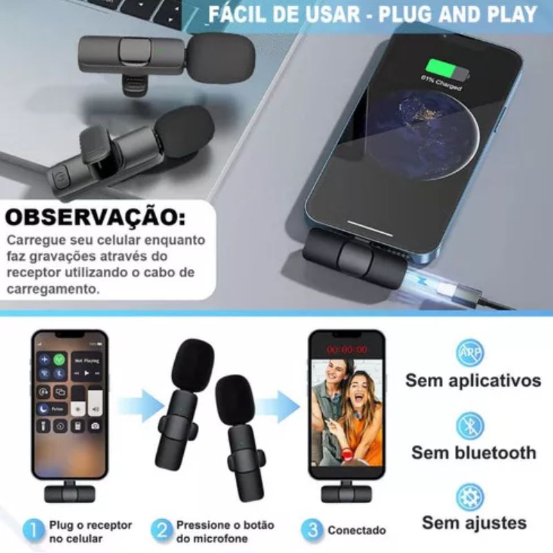 LAPELA TIPO C - Microfone Lapela Celular Sem Fio Duplo - Preto BM-221
