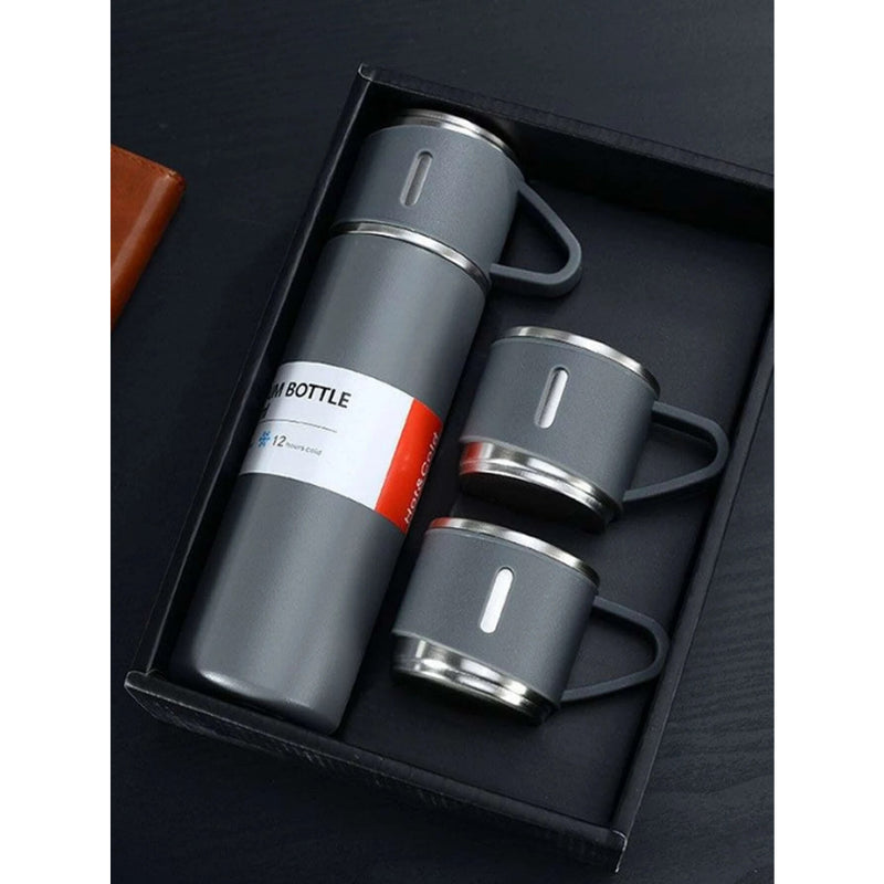 CINZA - Jogo de Garrafa Térmica 500ML + 3 Xícaras Aço Inoxidável