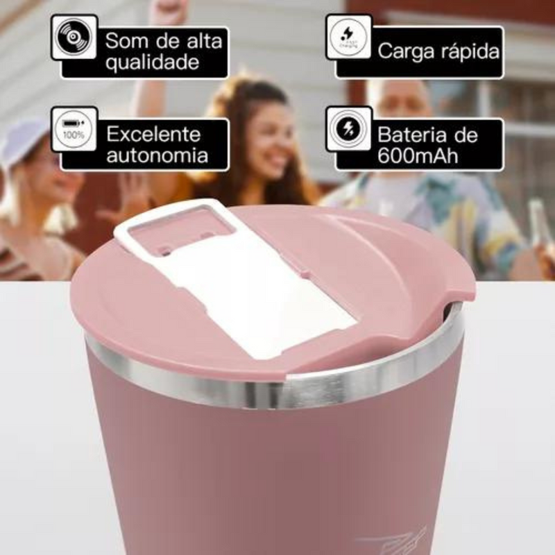 Personalizado Bluetooth - Copo Térmico Som Led e TAMPA com ABRIDOR (420 ml) - Rosê