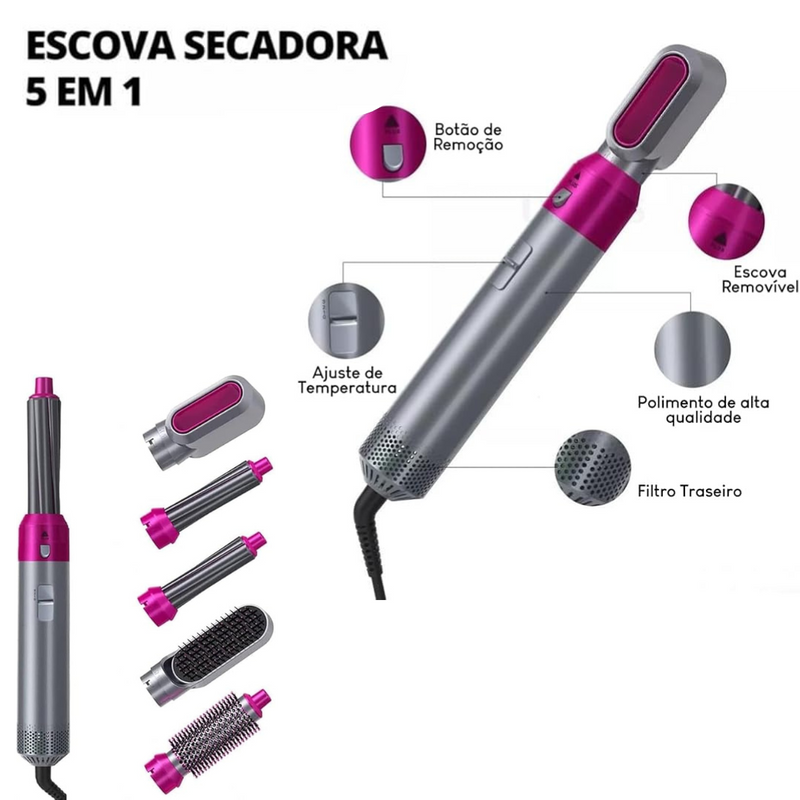 BRANCO/DOURADO - Escova Secador de Cabelo 5 em 1 Multifuncional