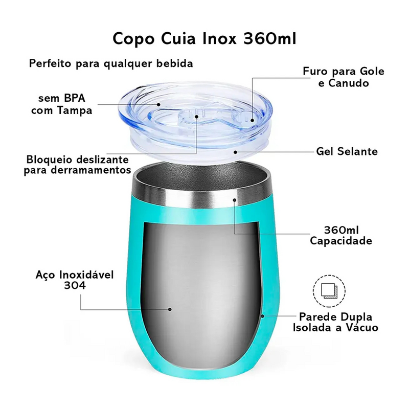 PERSONALIZADO - COPO CUIA Térmico Inox com Tampa Antivazamento (360 ml) - Ciano