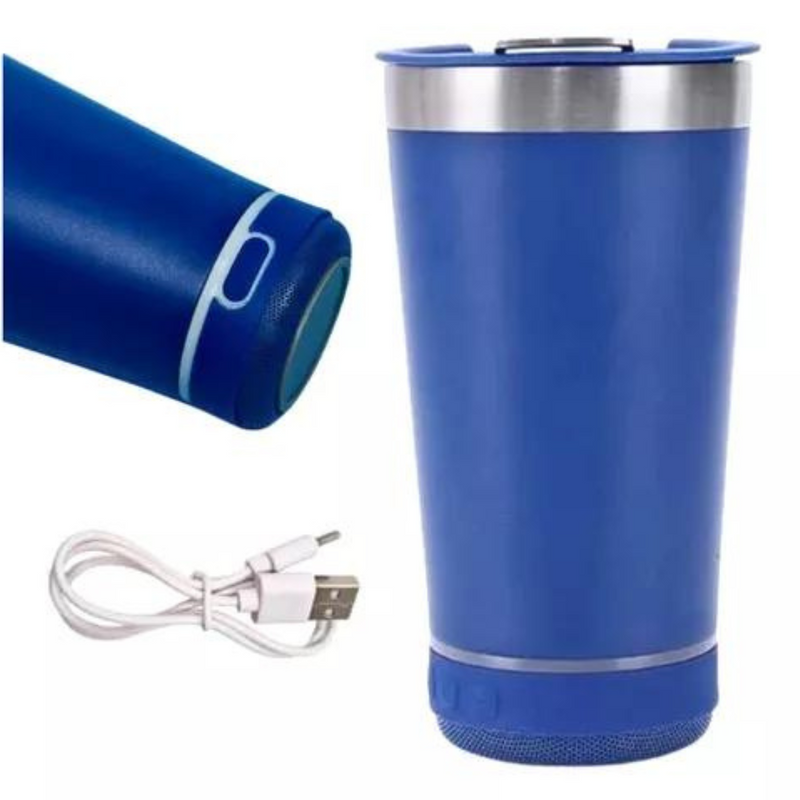 Personalizado Bluetooth - Copo Térmico Som Led e TAMPA com ABRIDOR (420 ml) - Azul Royal